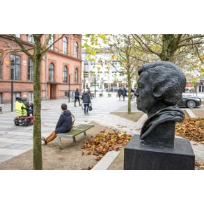 Busten af Karin Micha&euml;lis kikker p� indgange til Kulturhuset i Randers
