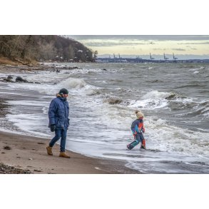 Leg p� Fl�jstrup strand en bidende kold februar dag, med m�geflokke og Aarhus i baggrunden