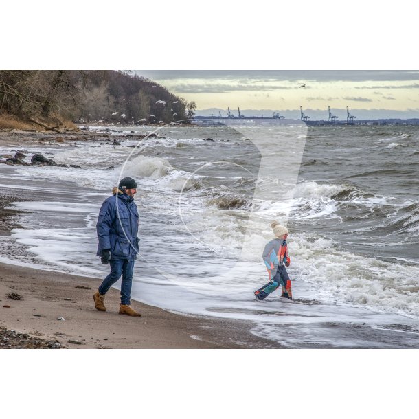 Leg p Fljstrup strand en bidende kold februar dag, med mgeflokke og Aarhus i baggrunden