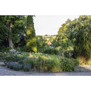 Aften stemning ved Vissing Kirke, med udsigt over Vissing by og landskab