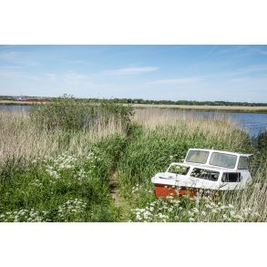 Forladt motorb�d p� sydsiden af Randers Fjord med Coaster i baggrunden