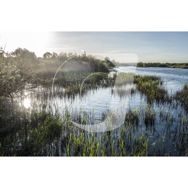 Tidlig forrs morgen ved Gudenen med Randers i baggrunden