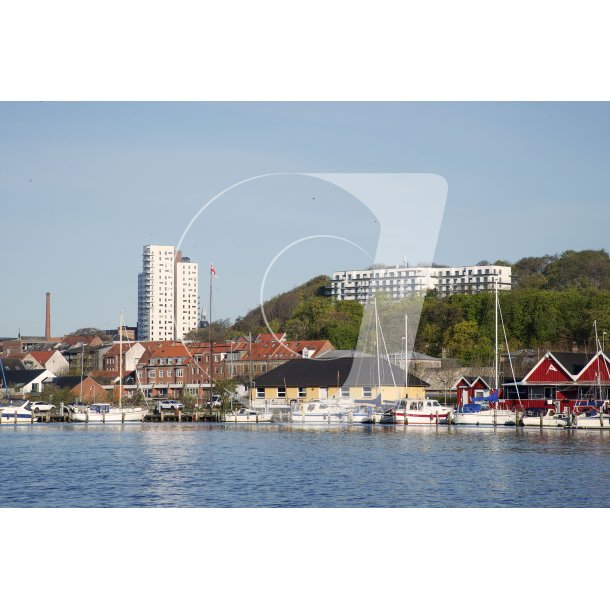 Randers lystb�dehavn med Kongens Ege i baggrunden